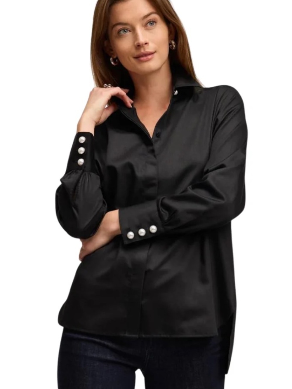 •Foxcroft• black pearl sateen button down shirt